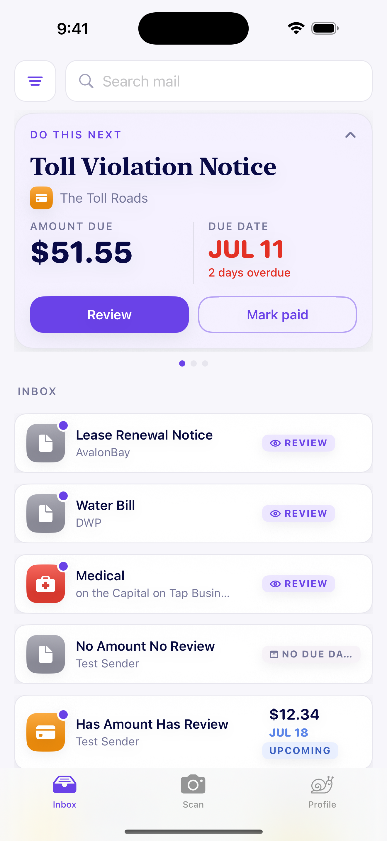 Snailbox inbox: bills with amounts and due dates